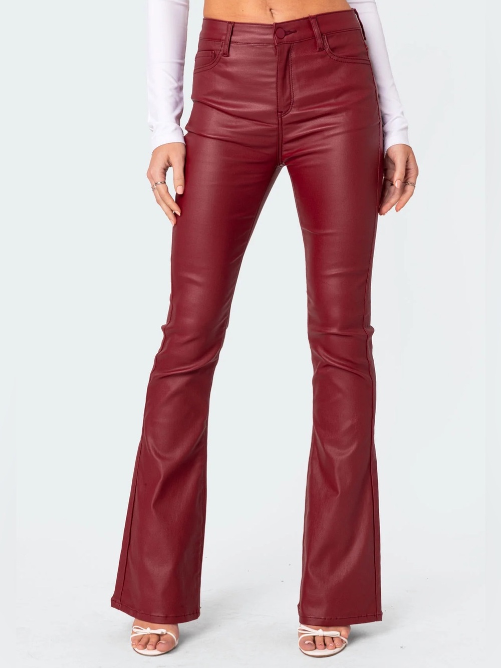 Edikted Burgundy Luna Faux Leather Mid Rise Flared Jeans